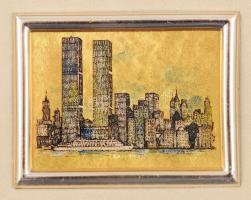 New York: World Trade Center aranyozott emlékkép kis keretben 11x10 cm
