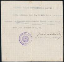 1918 A Nemzeti Tanács felhatalmazása alapján kiállított tisztviselői igazolás dr. Horváth Kornél (1887-?) részére Janda Károly, az Orsz. Közélelmezési Hivatal elnöki osztálya vezetőjének aláírásával, pecséttel