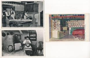 3 db RÉGI magyar népviseletes képeslap: konyha belsők / 3 pre-1945 Hungarian folklore motive postcards: kitchen interior