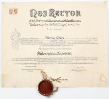 1948 Filozófiadoktori diploma függőpecséttel, rajta Birkás Géza (1879-1951) irodalomtörténész és Székely István (1888-1954) jogász aláírásával, függőpecsét fedele hiányzik