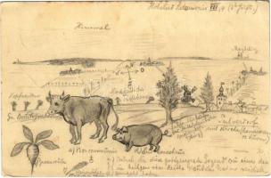 1908 Hand-drawn art postcard with farm scene, windmill, pig and cow (EK)