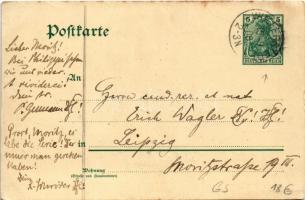 1908 Hand-drawn art postcard with farm scene, windmill, pig and cow (EK)