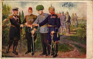 1916 Der neue Waffenbruder / Az új fegyvertárs / Novy spojenec / WWI Austro-Hungarian K.u.K. military art postcard, Central Powers propaganda with the leaders (Wilhelm II, Franz Joseph I, Mehmed V, Ferdinand I of Bulgaria) O.K.W. 4022. (EB)