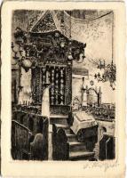 Praha, Prag, Prague; Staronová synagoga. Vnitrí pohled (Oltár) / Altneu-Synagoge. Innenansicht (Altar). Original-Radierung / Old-New Synagogue, interior. Judaica (EK)