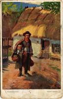1916 Wiejski handlarz / Village merchant. Judaica art postcard s: J. Kusmidrowicz + M. kir. dési 32. honvéd gyalogezred 2. zászlóalj parancsnokság (lyuk / pinhole)