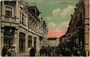 1910 Lugos, Lugoj; Deák Ferenc utca, Franz Horger Ferenc üzlete, Singer Miksa Corso kávéháza. Szidon József kiadása / street, shops, cafe