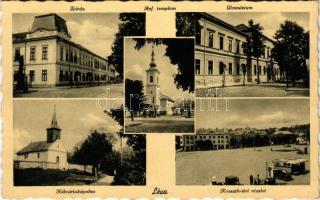 1943 Léva, Levice; zárda, református templom, gimnázium, Kossuth tér, Kálvária kápolna / nunnery, Calvinist church, school, square, chapel