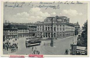 1932 Pozsony, Pressburg, Bratislava; Fő tér, színház, villamos, Bodega üzlet, Stollwerck hirdetés / square, tram, theatre, shops