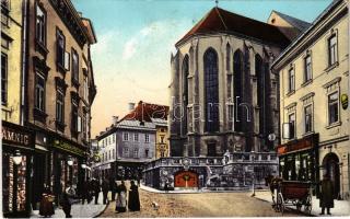 1912 Villach, Hauptplatz mit der Stadtpfarrkirche, Café, / main square, church, shops