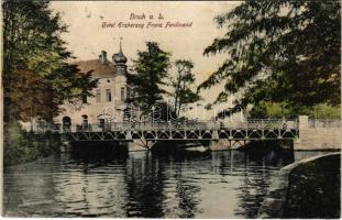 Lajtabruck, Bruck an der Leitha; Hotel Erzherzog Franz Ferdinand, Brücke. Verlag Marie Huber / szálloda, híd / hotel, bridge (Rb)