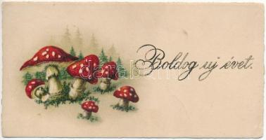 Boldog Újévet! / New Year greeting mini card with mushrooms (11,4 cm x 6 cm) (non PC) (fa)