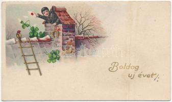 1941 Boldog Újévet! / New Year greeting mini card with chimney sweeper, clovers and horseshoe (11 cm x 6,5 cm) (non PC) (fl)
