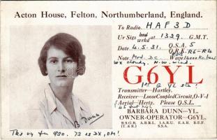 1931 Acton House, Felton, Northumberland, England - G6YL - Barbara Dunn YL Owner-Operator (English amateur radio operator, Europe's first licensed female amateur radio operator) / Barbara Dunn, Európa első engedéllyel rendelkező női rádióamatőrjének QSL, azaz rádióamatőr összeköttetést igazoló képeslapja