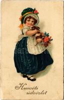 1930 Húsvéti üdvözlet / Easter greeting art postcard, girl with rabbit. EAS 1024. (EK)