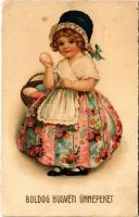 1937 Boldog húsvéti ünnepeket / Easter greeting art postcard, girl with eggs (EK)