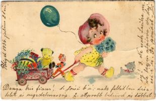 1936 Children art postcard, girl with teddy bear and toys. ERIKA Nr. 1070. (fa)