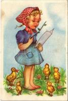 Children art postcard, girl with chicken (lyuk / pinhole)