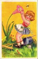 Children art postcard, girl with flower and bee (EK)