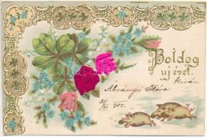 1901 Boldog új évet! Dombornyomott selyem lap / New Year greeting. Embossed silk card (Rb)