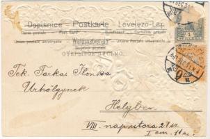 1901 Boldog új évet! Dombornyomott selyem lap / New Year greeting. Embossed silk card (Rb)