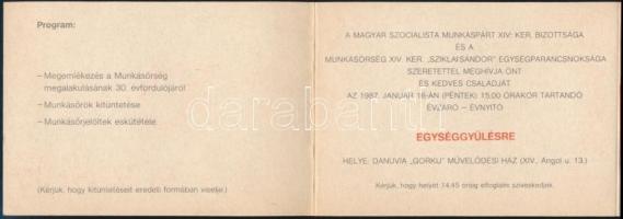 1987 Bp., meghívó a Munkásőrség megalakulásának 30. évfordulója alkalmából rendezett ünnepségre