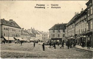 1908 Pozsony, Pressburg, Bratislava; Vásártér, Frankl Mór, Reif, Nathan Ignác és Steinmann Henrik üzlete. Neffe J. kiadása / Marktplatz / square, shops (EK)