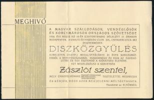 1936 Bp., Meghívó a Magyar Szállodások, Vendéglősök és Korcsmárosok Országos Szövetsége által rendezett jubileumi díszközgyűlésre és zászlószentelésre, hajtva + a Belvárosi Takarékpénztár Rt. elismervénye befizetésről, hátoldalán Magyar Szállodások, Vendéglősök és Korcsmárosok Országos Szövetsége Zászlószentelési Bizottsága 1936. bélyegzéssel