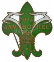 1933. "Jamboree" zöld-fehér zománcozott cserkész kitűző cserélt tűvel (36x32mm) T:1- kis zománchibák / Hungary 1933. "Jamboree" white-green enamelled Scouting badge with replaced pin (36x32mm) C:AU,XF small enamel error