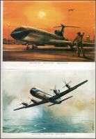 cca 1980 9 db repülőgépeket (köztük MALÉV gépeket) ábrázoló színes nyomat, az eredeti festmények Bán...