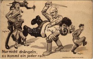 1917 Nur nicht drängeln es kommt ein jeder ran / Első világháborús antant hatalmak ellenes gúnyos propaganda, német katona elveri az antant hatalmak katonáit / WWI German anti-Entente Powers military mocking propaganda. Wilh. Schröder No. 50.