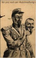 1914 Vor und ach der Mobilmachung / Első világháborús német katonai lap / WWI German military humour (Rb)