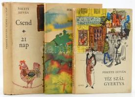 Fekete István 3 könyve: Csend. 21 nap. Kisregények és elbeszélések; Tíz szál gyertya; Csí és más elbeszélések. Bp., 1972-1974, Móra. Kiadói egészvászon-kötés, kissé sérült kiadói papír védőborítóban.