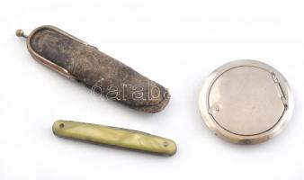 Régi, gyöngyház nyelű női bicska, tokban, h: 6 cm + fém gyógyszertartó, d: 4,5 cm