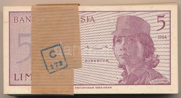 Indonézia 1964. 5s (100x) kötegelővel, sorszámkövetők T:I,I- Indonesia 1964. 5 Sen (100x) with wrapper, consecutive serials C:UNC,AU Krause P#91