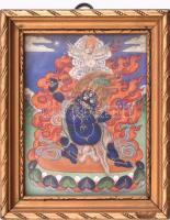 Tibeti festett miniatűr, hátoldalán szanszkrit felirattal, dekoratív, üvegezett fa keretben, 10,5x8 cm (külső méret: 13x10,5 cm)