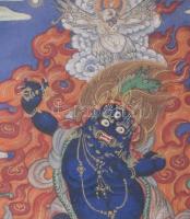 Tibeti festett miniatűr, hátoldalán szanszkrit felirattal, dekoratív, üvegezett fa keretben, 10,5x8 ...