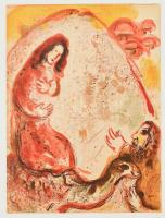 Marc Chagall (1887-1985): Ráhel ellopja apja házibálványát. Litográfia, papír. Jelzett a nyomaton, tanúsítvánnyal, 35x26 cm / Rachel Steals Her Fathers Graven Images. Lithograph, paper. With certificate.