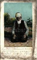1908 Sarajevo, Betender Moslim / Praying Muslim. Verlag v. Albert Thier + K.U.K. MILIT. POST SARAJEVO ZÁGRÁB-ZAGREB kétnyelvű bélyegző (fl)