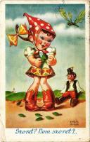 1943 Szeret? Nem szeret? / Children art postcard, humour s: Kaszás Jámbor (EB)