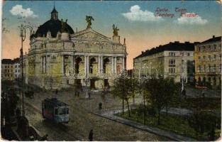 Lviv, Lwów, Lemberg; Teatr / Theater / theatre, tram (worn corners)