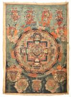 Antik keleti mandala, Avalókitésvara, festett selyem, korának megfelelő sérülésekkel, XIX. sz. vége. 51x37 cm