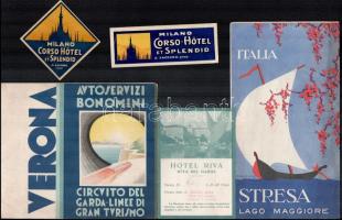 cca 1930 Olasz turisztikai anyagok (Verona, Milánó, Garda-tó, Stresa), 5 db
