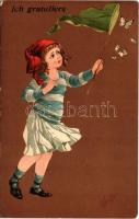 1915 Ich gratuliere / Greeting art postcard, girl catching butterflies. Stengel s: Bottaro (EK)
