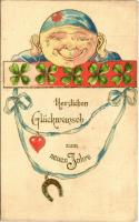 Herzlichen Glückwunsch zum neuen Jahre / New Year greeting art postcard with clovers. Emb. litho (fl)