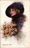 1914 I bring thee Roses Lady art postcard (EK)