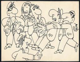 Balázs Piri Balázs (1937-): Kollektív döntés. Karikatúra. Közlekedési hírlapnak készült. Tus, papír, jelzett, 14x18 cm