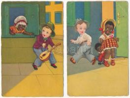2 db RÉGI motívum képeslap: kisgyerek fekete kislánnyal / 2 pre-1931 motive postcards: black girl with boy (Amag 0274)