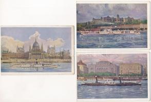 Budapest - 3 db régi MFTR Művészlevelezőlap képaslap hajókkal
