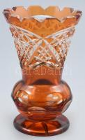 Narancssárga ólomkristály váza, apró kopásokkal, m: 15,5 cm