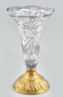 Üveg váza fém talppal, kopott, m: 26 cm